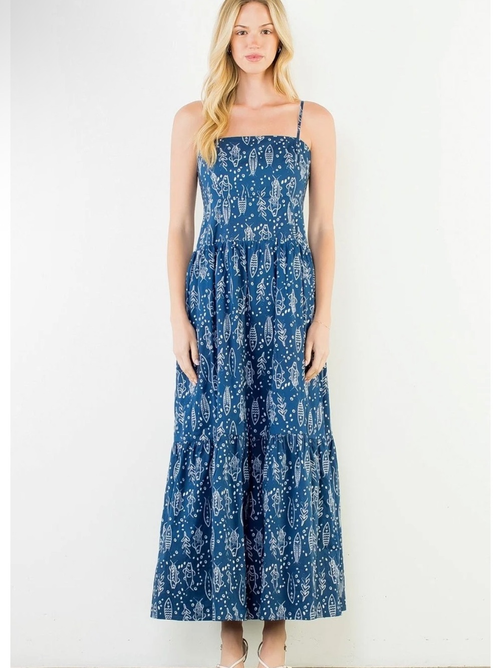 THML Blue Printed Spaghetti-Strap Maxi Dress